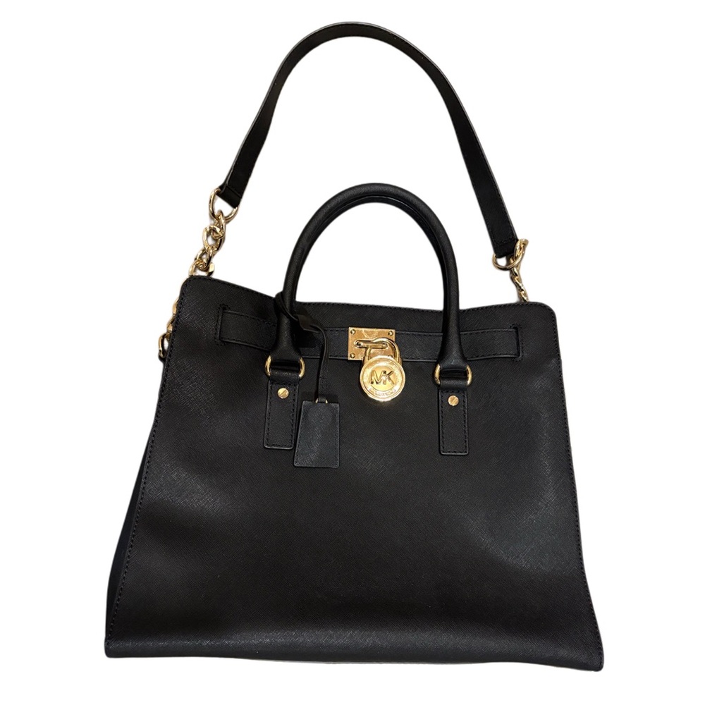 👜 Michael Kors Black Hamilton Large Satchel Gold Saffiano Leather EUC - Picture 4 of 12